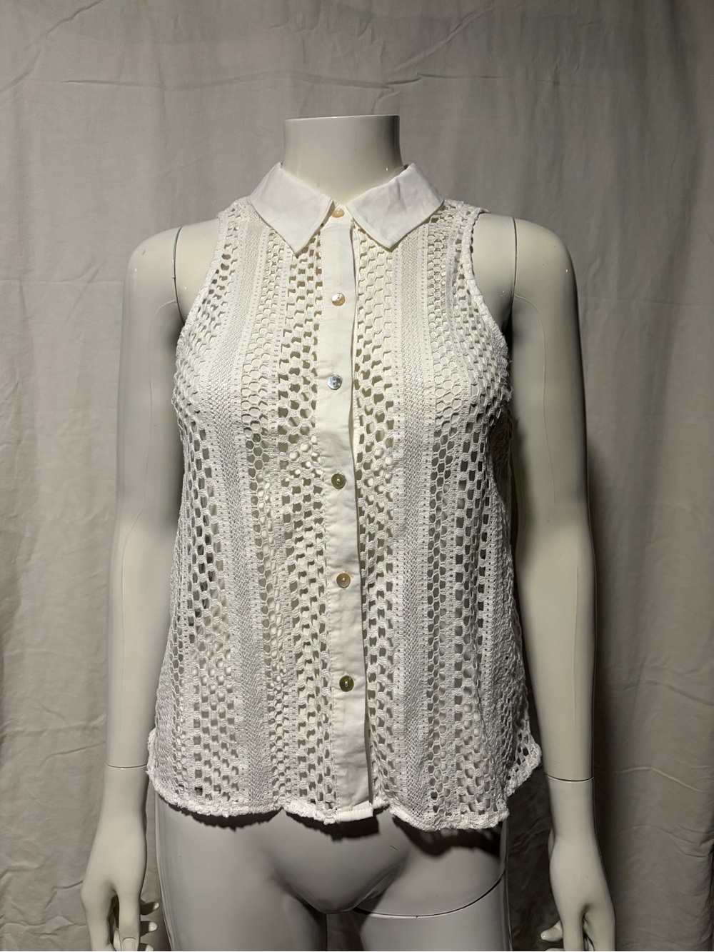 Zara White Sleeveless Crochet Button-Down Top
